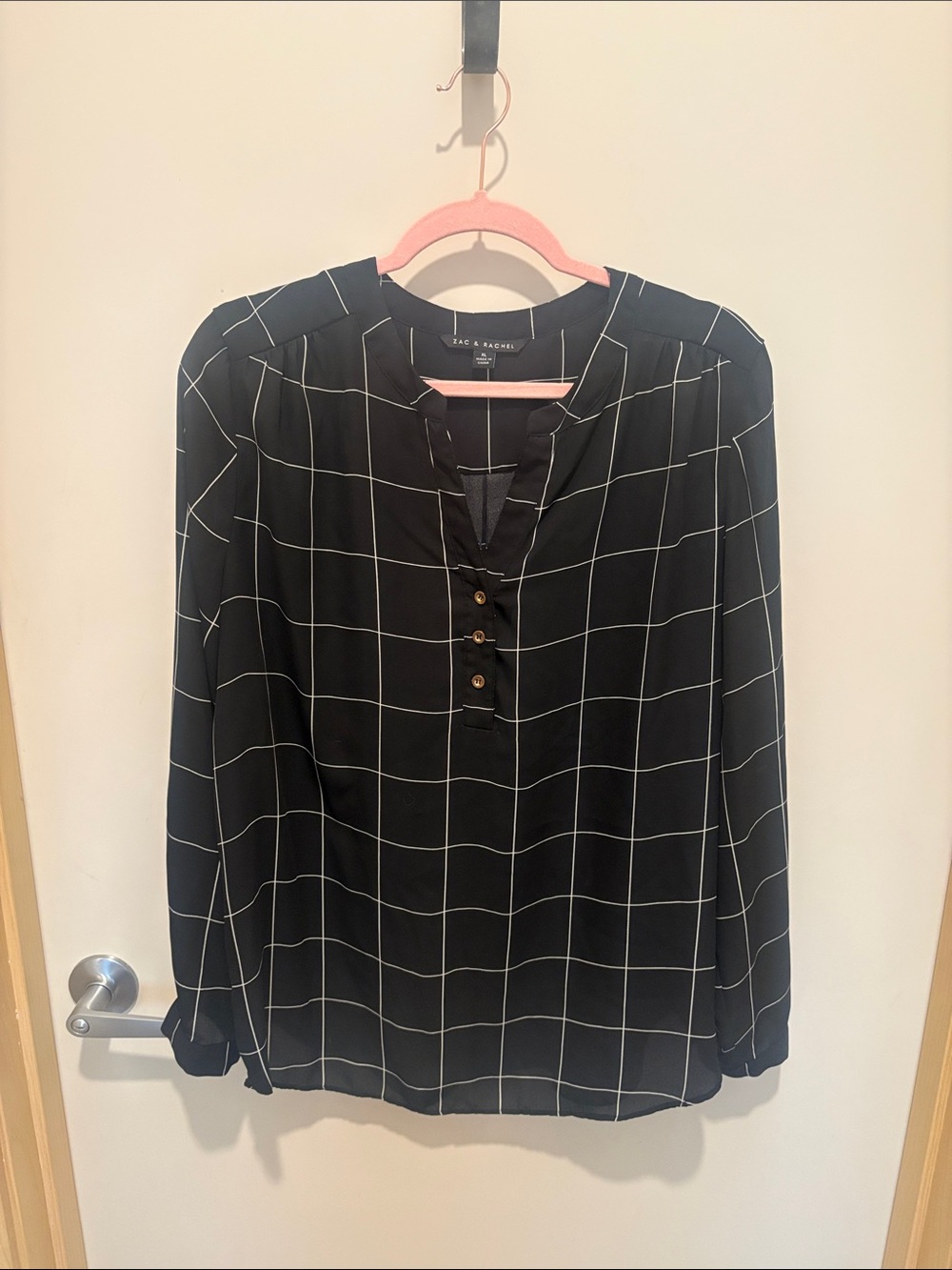 Black Windowpane Split-V Button Blouse